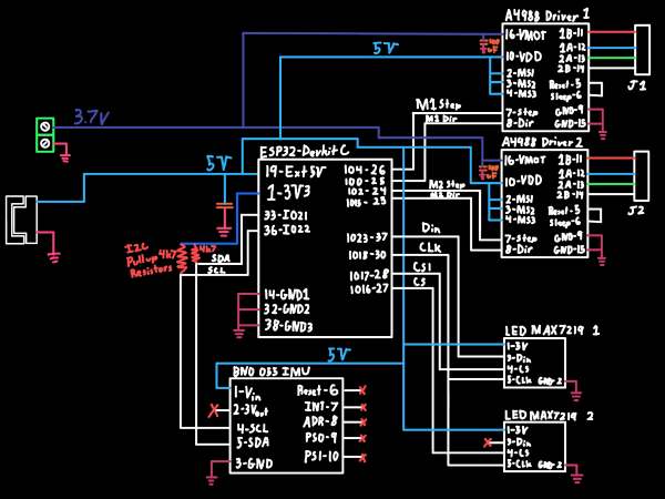 Hand drawn preliminary schematic of the ESP32, IMU, and stepper drivers